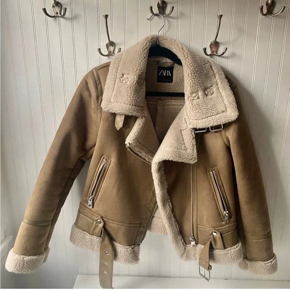 Zara Tan Teddy Jacket with Shearling Collar - Picture 2 of 12